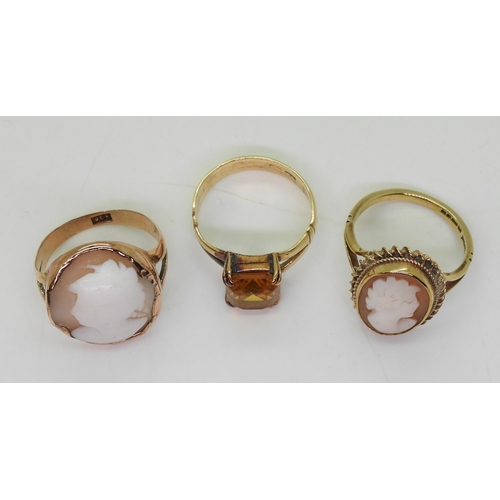 707 - Two 9ct gold cameo rings both approx size N, and a 9ct gold ring set with a glass gem, size O, weigh... 