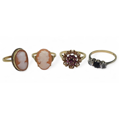 709 - Three 9ct gold rings, two cameos sizes N & O, and a ruby cluster size Q1/2, together with a 9ct ... 