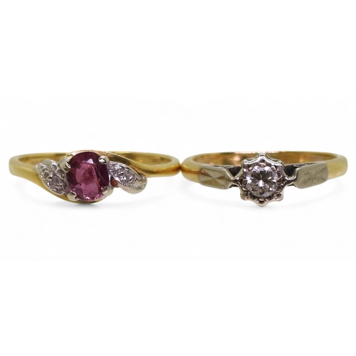 712 - An 18ct gold illusion set diamond ring, size L, together with an 18ct ruby and diamond accent ring, ... 