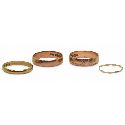 717 - Two 9ct rose gold wedding rings, one with engraved pattern size R1/2, size V, a yellow 9ct gold wedd... 