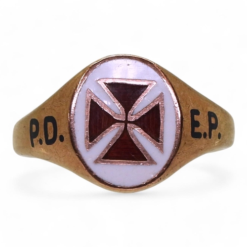 738 - A 9ct rose gold Knights Templar ring with enamel detail, hallmarked Birmingham 1970, size W, weight ... 