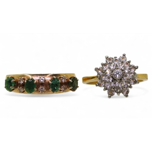 739 - A 14k gold emerald and diamond ring, size S1/2, weight 4.5gms, together with a gold plated clear gem... 