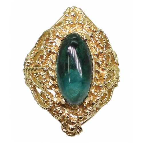 756 - A 14k gold filigree ring set with a malachite, size M1/2, weight 6.9gms