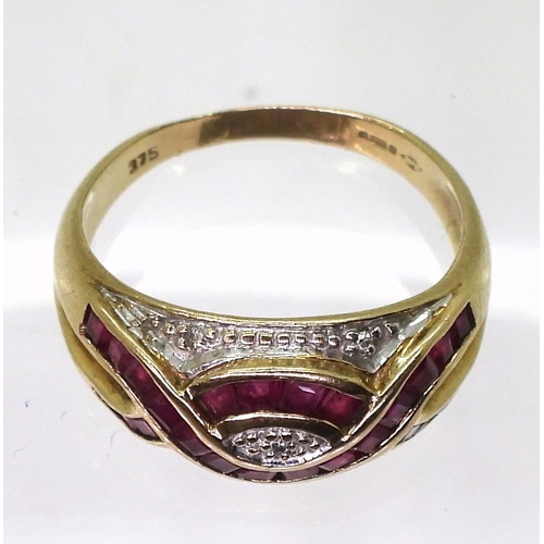 757 - A 9ct gold ruby and diamond accent ring, size T1/2, weight 4.3gms