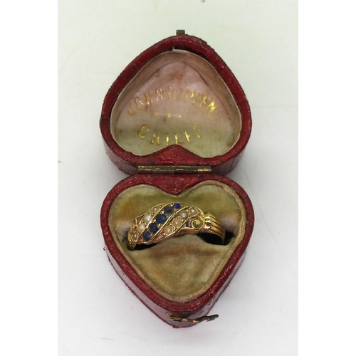 758 - An 18ct gold pearl and blue gem set vintage ring in original heart shaped box, finger size L1/2, wei... 