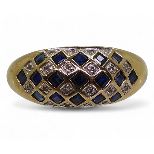 759 - A 9ct gold sapphire and diamond checkerboard pattern ring, size R1/2, weight 3.3gms