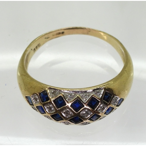 759 - A 9ct gold sapphire and diamond checkerboard pattern ring, size R1/2, weight 3.3gms