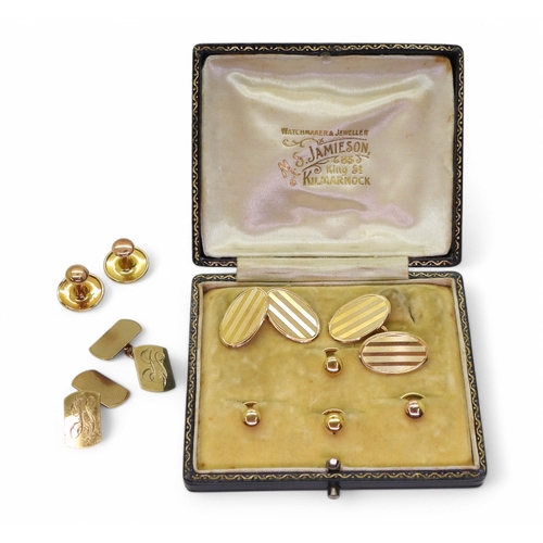 764 - Two pairs of 9ct gold vintage cufflinks, and six 9ct gold shirt studs weight all together 14.8gms