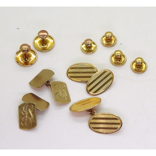 764 - Two pairs of 9ct gold vintage cufflinks, and six 9ct gold shirt studs weight all together 14.8gms