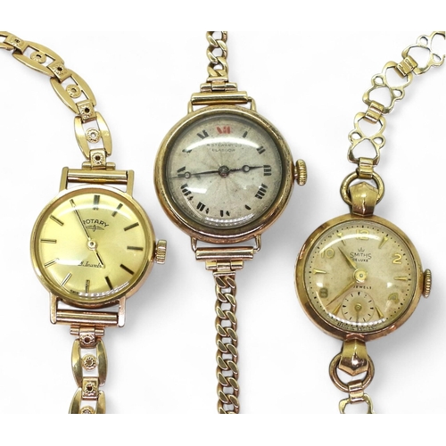 777 - A 9ct gold ladies Rotary watch and strap, a 9ct gold swiss watch and strap, the mechanism stamped Lo... 