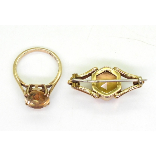 784 - A 9ct gold citrine ring size M1/2, with 9ct hexagonal citrine brooch, weight together 7gms