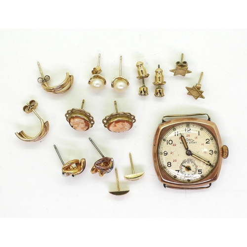 794 - A 9ct gold (af) Rotary watch, and five pairs of 9ct earrings, weight with watch case only and gold e... 