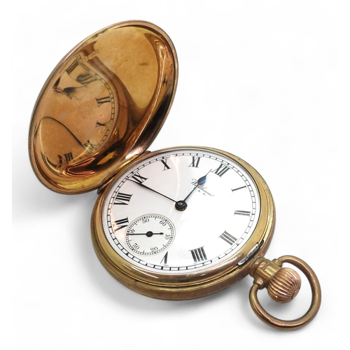 799 - A 9ct gold Waltham full hunter pocket watch, diameter 5cm, weight including mechanism 92gms