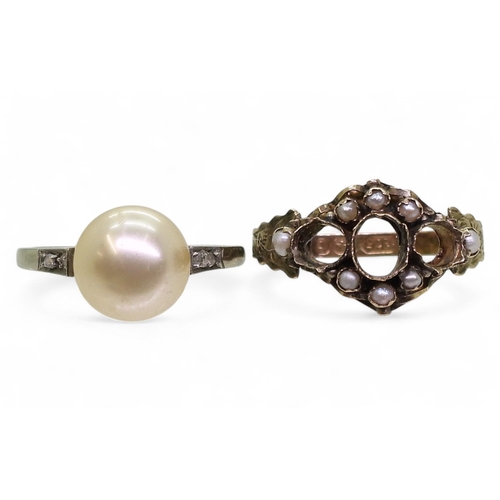 801 - A 9ct white gold rose cut diamond and faux pearl ring, size M, together with a pearl  set ring,... 