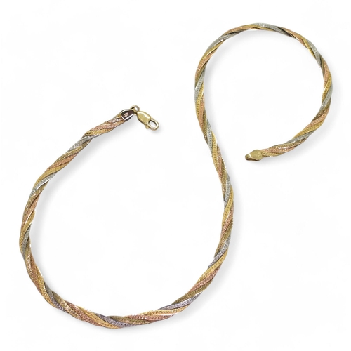 814 - A 9ct gold three colour gold chain, length 41cm, weight 9.3gms (af)