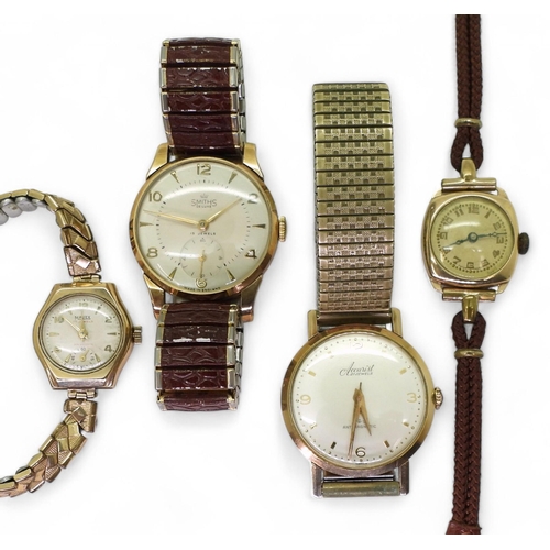 817 - A 9ct cased ladies Majex watch with gold plated strap, a 9ct gold gents Smiths DeLuxe watch with a b... 