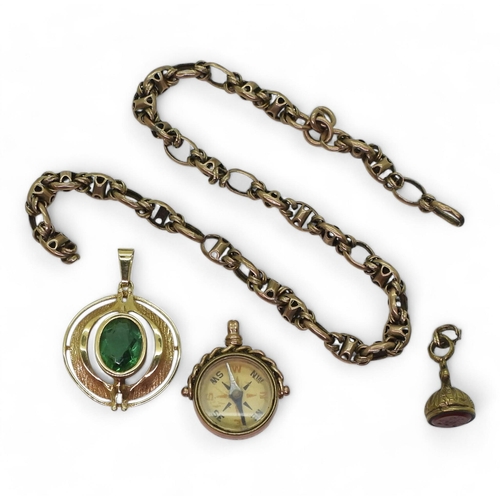 821 - A yellow metal partial chain, and a 9ct gold fob seal compass set with bloodstone, a retro 9ctgold g... 