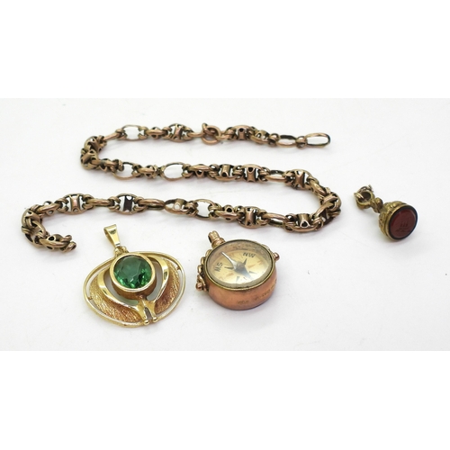 821 - A yellow metal partial chain, and a 9ct gold fob seal compass set with bloodstone, a retro 9ctgold g... 