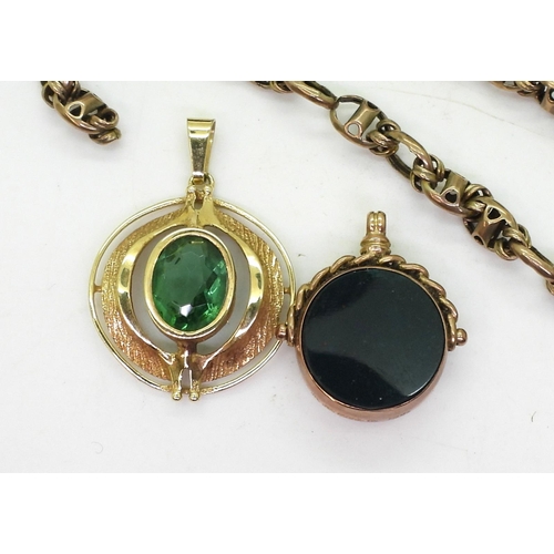 821 - A yellow metal partial chain, and a 9ct gold fob seal compass set with bloodstone, a retro 9ctgold g... 