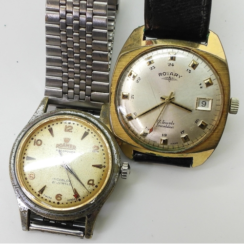 860 - A wristwatch marked Rotary, together with a wristwatch marked Roamer, two silver open face pocket wa... 