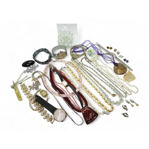 862 - Collection of vintage costume jewellery, including a wristwatch marked Orano, a ladies watch marked ... 