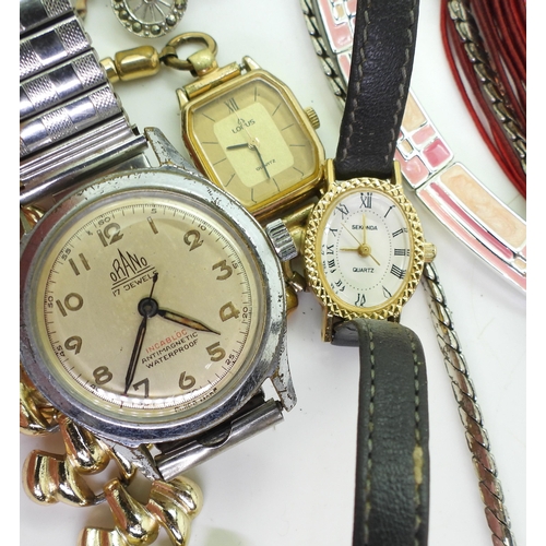 862 - Collection of vintage costume jewellery, including a wristwatch marked Orano, a ladies watch marked ... 