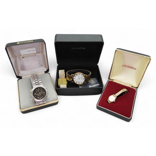 872 - A vintage Citizen 3510 Chronograph wristwatch, with box and extra an link, together with a gold plat... 