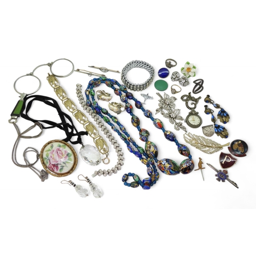 879 - Collection of vintage jewellery, including a silver Viking ring, millefiori beads, Trifari pea pod e... 