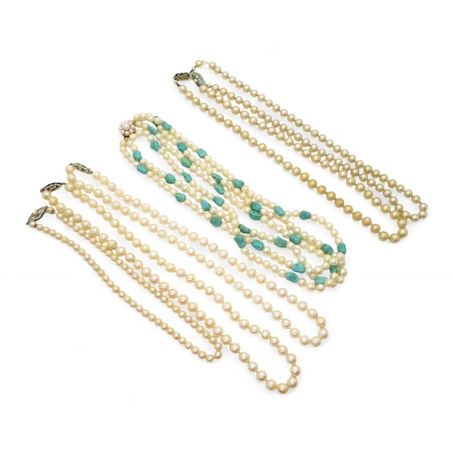 887 - A three strand cultured pearls and turquoise necklace, set with a 14k gold clasp, together with thre... 