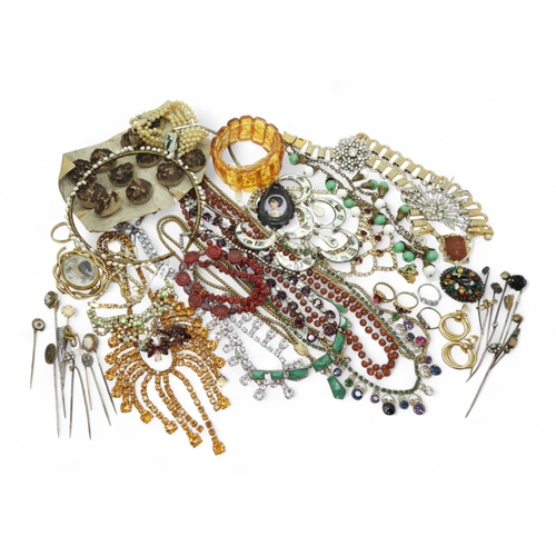 888 - Collection of vintage jewellery, including earrings marked Trifari, a gold plated Victorian Mourning... 