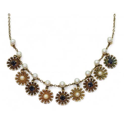 2715 - A SAPPHIRE & PEARL NECKLACEwith pretty daisy links set with pearls and sapphires. made in 9ct go... 