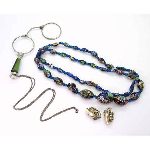 879 - Collection of vintage jewellery, including a silver Viking ring, millefiori beads, Trifari pea pod e... 