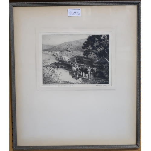 959 - SCOTTISH SCHOOL MOUNTAINOUS LANDSCAPEWatercolour, 20 x 35cmTogether with an etching (2)... 