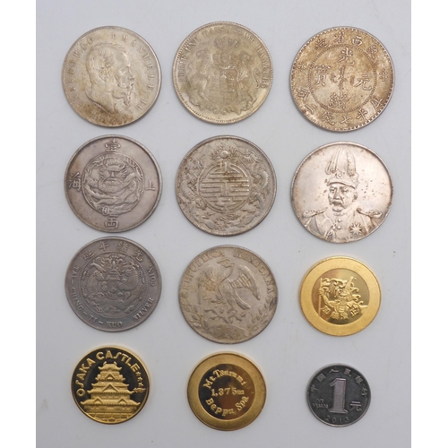 406 - A lot comprising various Mexican and Chinese replica coins and Osaka Castle tokens