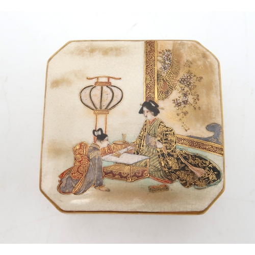 2432 - THREE SATSUMA BOXES AND COVERS An octagonal box painted with a lady and attendant in an interior, si... 