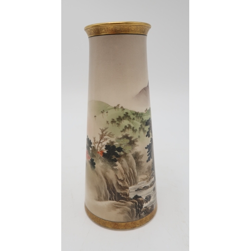 2433 - FOUR SATSUMA VASES A cylindrical vase with a mountainous landscape, signed, 15cm high, twin panel va... 