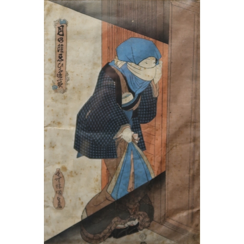 2446 - KUNIYOSHI Girl under moon, wood block print,3 x 22cm, Kunisada Woman at entrance to house, 35 x 23cm... 