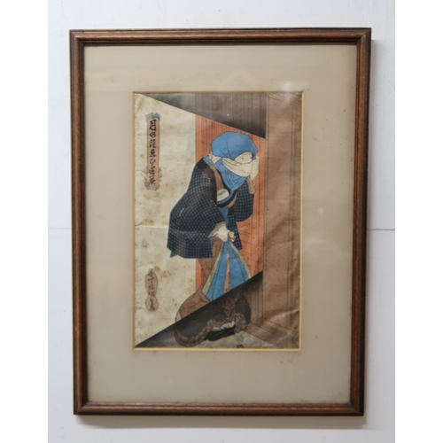 2446 - KUNIYOSHI Girl under moon, wood block print,3 x 22cm, Kunisada Woman at entrance to house, 35 x 23cm... 