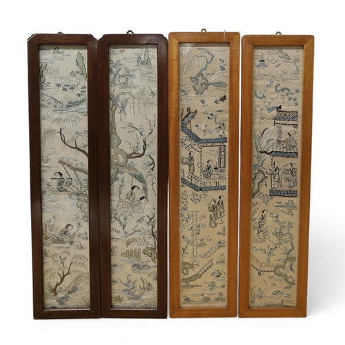 2447 - A PAIR OF CHINESE SILK EMBROIDERED SLEEVE PANELS Decorated with figures and pavilions in mountainous... 