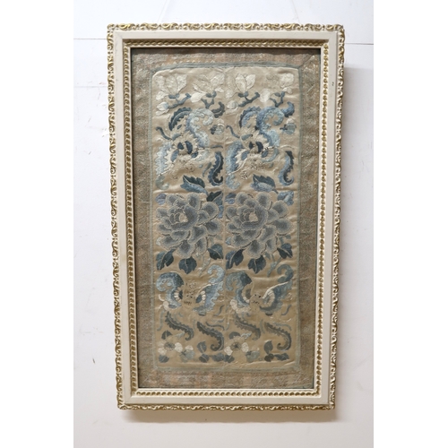 2447 - A PAIR OF CHINESE SILK EMBROIDERED SLEEVE PANELS Decorated with figures and pavilions in mountainous... 