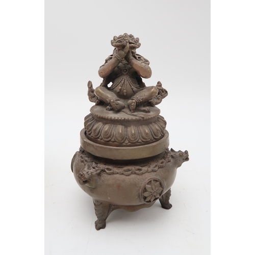 2449 - A CHINESE BRASS CENSER With kylin finial and pierced cover, 12cm high, bronze Lucky Vajara wealth in... 