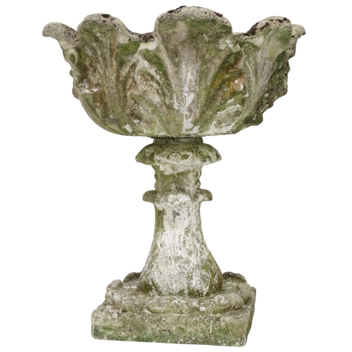 2027 - A PAIR OF 20TH CENTURY RECONSTITUTED STONE GARDEN PLANTERS with top basins moulded with acanthus lea... 