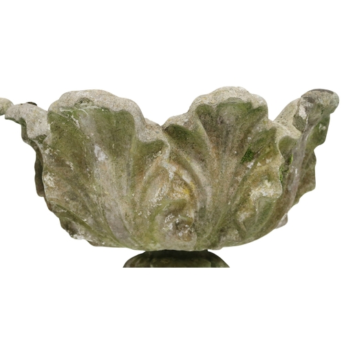 2027 - A PAIR OF 20TH CENTURY RECONSTITUTED STONE GARDEN PLANTERS with top basins moulded with acanthus lea... 