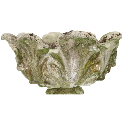 2027 - A PAIR OF 20TH CENTURY RECONSTITUTED STONE GARDEN PLANTERS with top basins moulded with acanthus lea... 