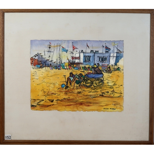 2978 - JAMES MILLAR (SCOTTISH FL.1950-1972)ON THE BEACH,Ink and watercolour, signed lower right, 30 x 39cm ... 