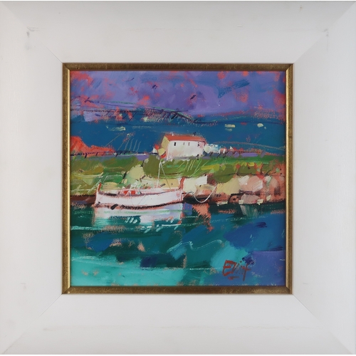 2988 - † IAN ELLIOT (SCOTTISH 1946-2021)RIVER BOAT, PORT ANDRAITXOil on canvas, signed lower right, 25 x 25... 