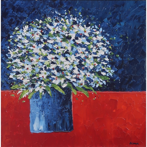 2989 - † ALISON COWAN (SCOTTISH CONTEMPORARY)WHITE DAISIES ON RED CLOTHAcrylic, signed lower right, 60 x 60... 