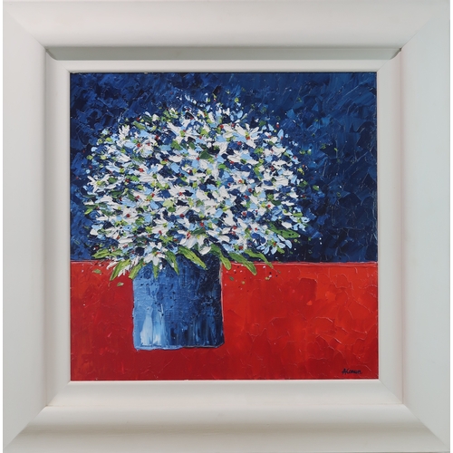 2989 - † ALISON COWAN (SCOTTISH CONTEMPORARY)WHITE DAISIES ON RED CLOTHAcrylic, signed lower right, 60 x 60... 