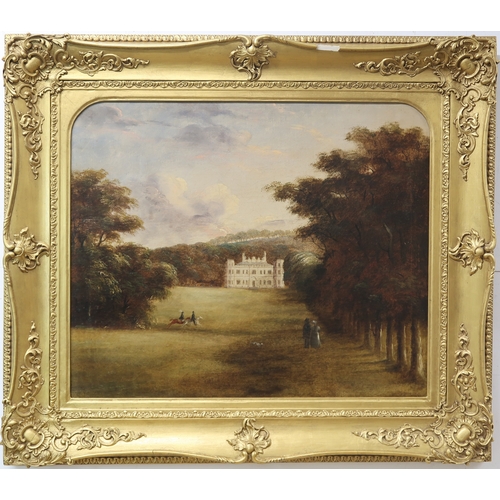 2996 - SCOTTISH SCHOOL CIRCA 1850FIGURES IN PARKLAND BY A COUNTRY HOUSEOil on canvas, lunette, 49 x 59cm (1... 