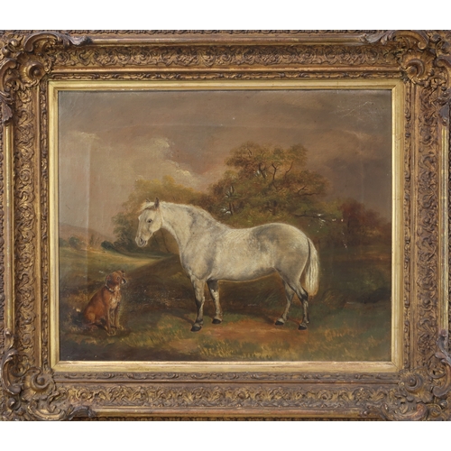 2997 - SCOTTISH SCHOOL 19TH CENTURYHORSE AND DOG IN A LANDSCAPEOil on canvas, 34.5 x 42cm (13.5 x 16.5